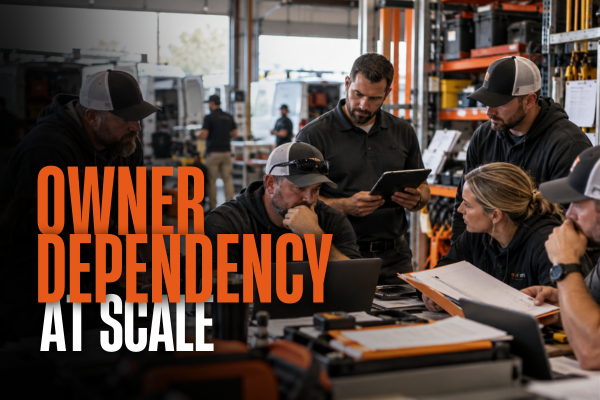Owner dependency at scale in a growing service business, with managers gathered around the owner for decisions.