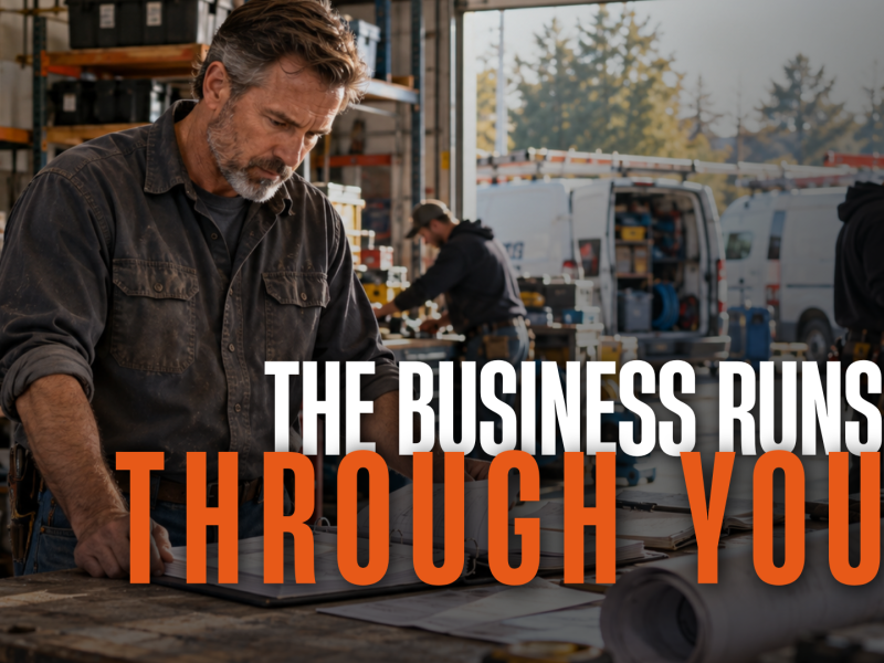 Service business owner working in a blue-collar shop with technicians and work vans behind him, overlaid with the words “The Business Runs Through You.”