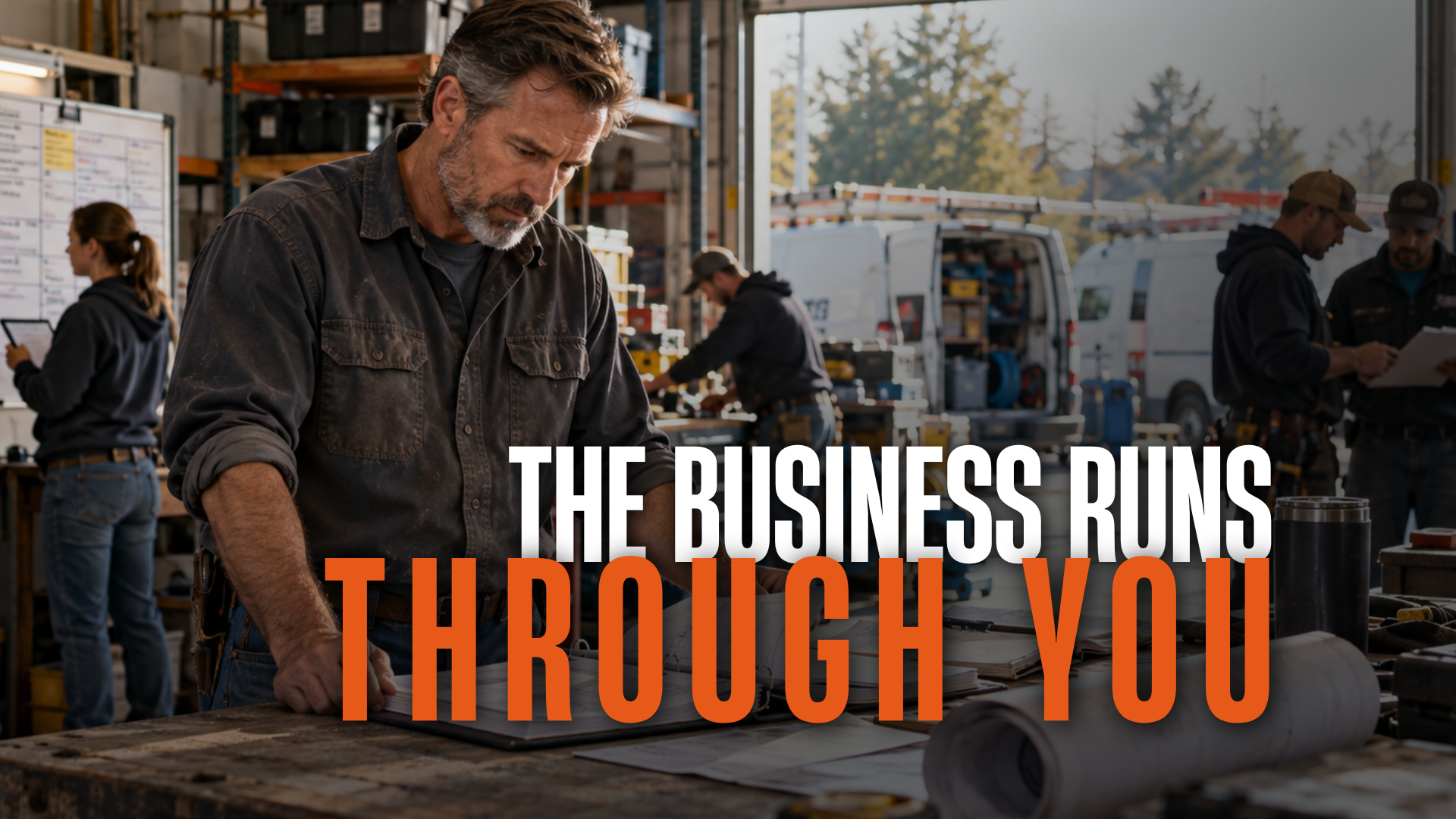Service business owner working in a blue-collar shop with technicians and work vans behind him, overlaid with the words “The Business Runs Through You.”