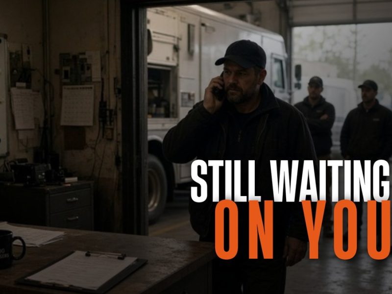 - Service business owner on the phone in his shop office while three crew members wait in the garage bay behind him, overlaid with the words "Still Waiting On You."